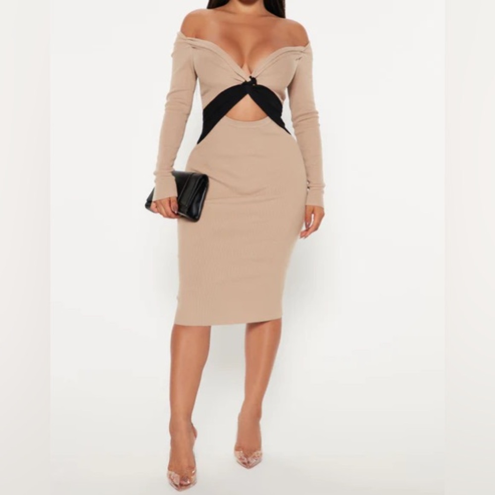 Elegant Tan and Black Off-Shoulder Dress